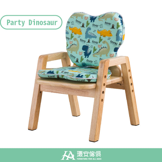 Children's chair with dinosaur-patterned cushion