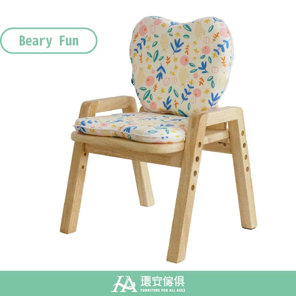 Children's chair with floral patterned cushion on a white background
