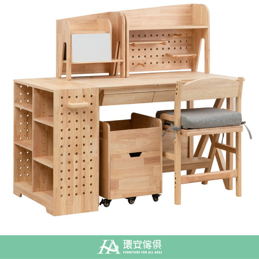 Wooden study desk with chair and storage drawers on a white background